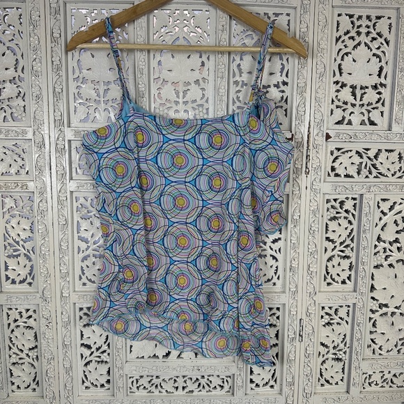 Vtg Y2K Retro Colorful Sheer Mesh Asymmetric Flowy Tank Top Sz Large - Picture 6 of 8